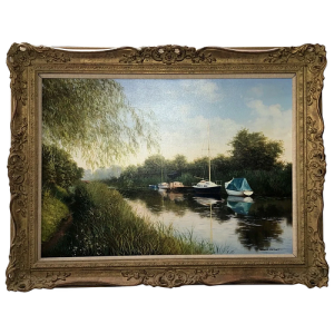 “BOATS MOORED ON HEYBRIDGE BASIN CANAL” OIL PAINTING