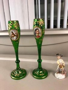 PAIR OF Bohemian GREEN VASES WITH PORTRAIT