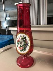 Large Bohemian Glass Vase with Flower Portrait